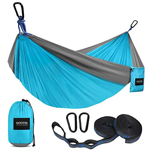 Kootek Camping Hammock Double  and  Single Portable Hammocks with 2 Tree Straps, Lightweight Nylon Parachute Hammocks for Backpacking, Travel, Beach, Backyard, Patio, Hiking (Sky Blue  and  Light Grey, Small)