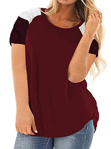 ROSRISS Womens Plus Size Casual Short Sleeve Tunics Color Block Crewneck T Shirt Wine Red 26W