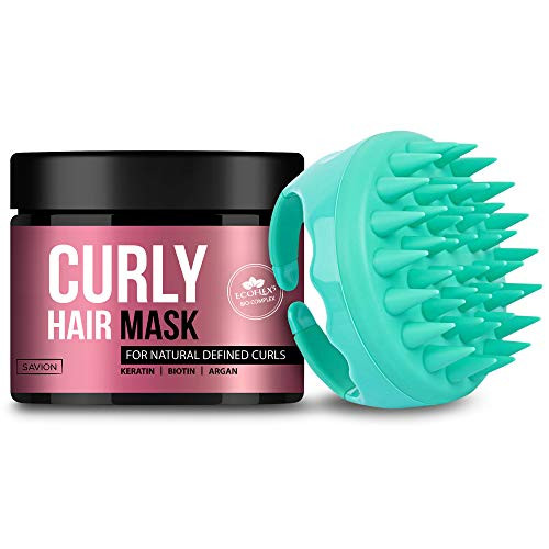 SAVION Curly Hair Mask and Soft Silicone Scalp Massager for Natural Defined Curls and Deep Conditioning Hair Treatment for Dry Damaged Hair - Natural Shea Butter, Argan Oil, Keratin, Biotin SAVION Curly Hair Mask and Soft Silicone Scalp Massager for Natural Defined Curls and Deep Conditioning Hair Treatment for Dry Damaged Hair - Natural Shea Butter, Argan Oil, Keratin, Biotin