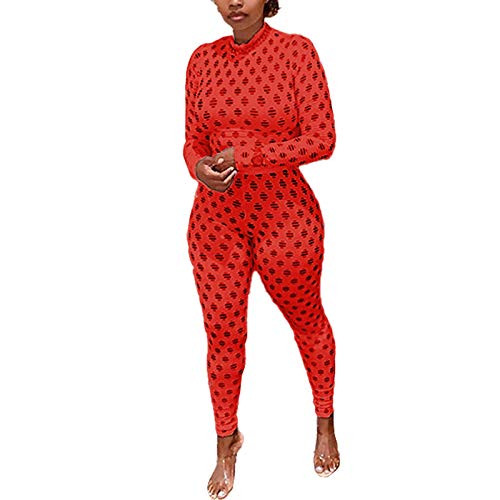 ECHOINE Sexy Jumpsuits for Women Clubwear - Hollow Out Long Sleeve One Piece Bodycon Romper Clubwear Red