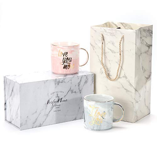 Luspan Funny Valentine's Day Gifts - I Love You Love You More Couples Coffee Mugs - Ceramic Marble Cups 13 oz - Packaged with Marble Gift Box and Marble Gift Bag