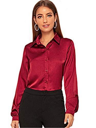 SOLY HUX Women's Satin Silk Long Sleeve Button Down Shirt Formal Work Blouse Top Burgundy S
