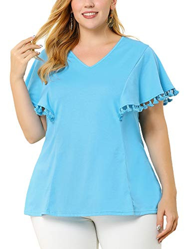 Agnes Orinda Plus Size Blouse for Women V Neck Short Bell Tassel Sleeve Tops 3X Blue