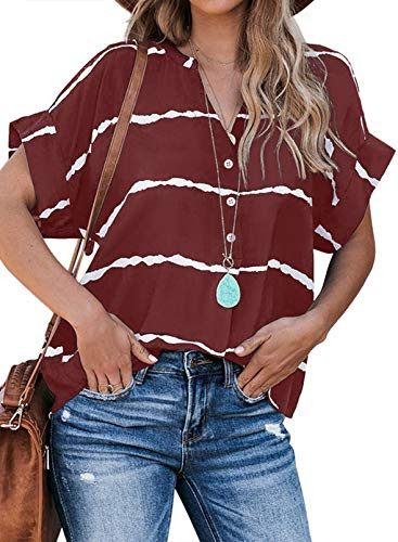 HOTAPEI Blouses for Women Casual V Neck Striped Short Sleeve Button Down Collar Tunic Red Blouses Fashion 2020 Tshirts TopsSize Large