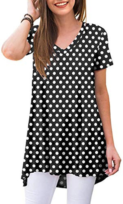 POPYOUNG Women's Summer Casual T-Shirt V-Neck Short Sleeve Tunic Tops for Leggings Loose Blouse Shirt XL, Polka Dot Black