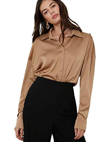 SheIn Women's Long Sleeve Satin Blouse Button Solid Drop Shoulder Shirt Tops Brown M