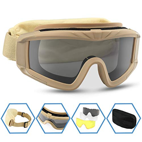 XAegis Airsoft Goggles, Tactical Safety Goggles Anti Fog Military Eyewear with 3 Interchangeable Lens for Paintball Riding Shooting Hunting Cycling - Tan
