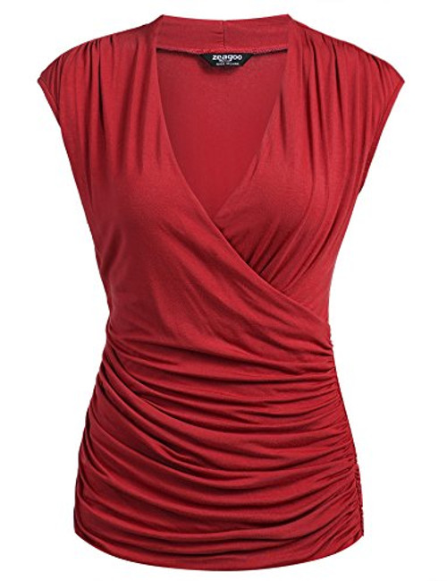 Zeagoo Women's Casual V Neck Sleeveless Shirt,Wine Red,Medium