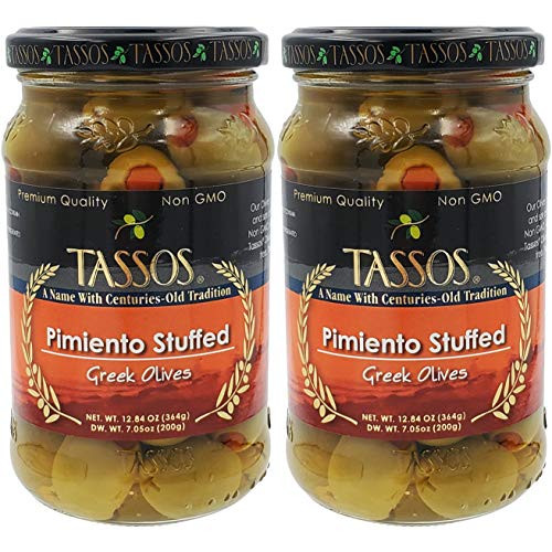 Tassos Pimiento Stuffed Green Olives, Greek Olives, Net Wt 12.84 Ounce (2-Pack)