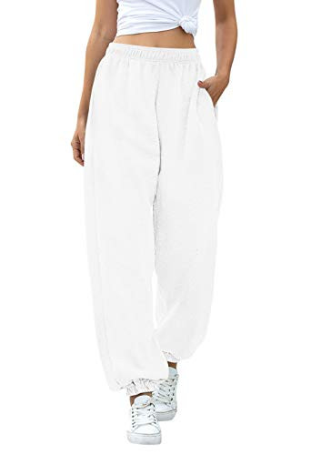 Zaxicht Womens Lounge Pants with Pockets, High Waisted Workout Athletic Jogger Pants Baggy Sweatpants (Thick-White, 2XL)