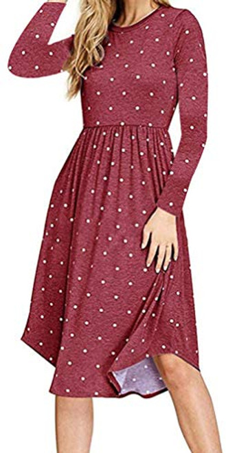 YUNDAI Women's Long Sleeve Polka Dot Casual Dress Pleated Loose Midi Dress with Pocket Large, Wine Red YUNDAI Women's Long Sleeve Polka Dot Casual Dress Pleated Loose Midi Dress with Pocket Large, Wine Red
