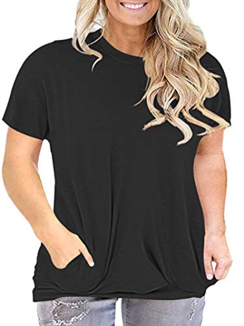 PLOKNRD Plus Size Short Sleeve Shirt for Women Pockets Black Round Neck Tunic Top Solid Color Casual Top 2X