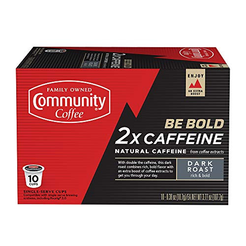 Community Coffee - 2X Caffeine Dark Roast - 10 Count Single Serve Coffee Pods - Compatible with Keurig 2.0 K Cup Brewers