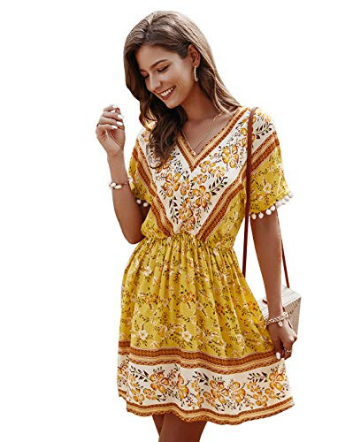 Schkleier Women's Casual Bohemian Midi Dress Short Sleeve Floral Printed Swing Beach Mini Dress Yellow