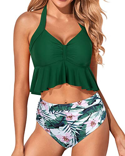 Holipick High Waisted Bikini Swimsuits for Women Ruffle Halter Green Bikini Tops Tummy Control Bottoms 2 Piece Bathing Suits M