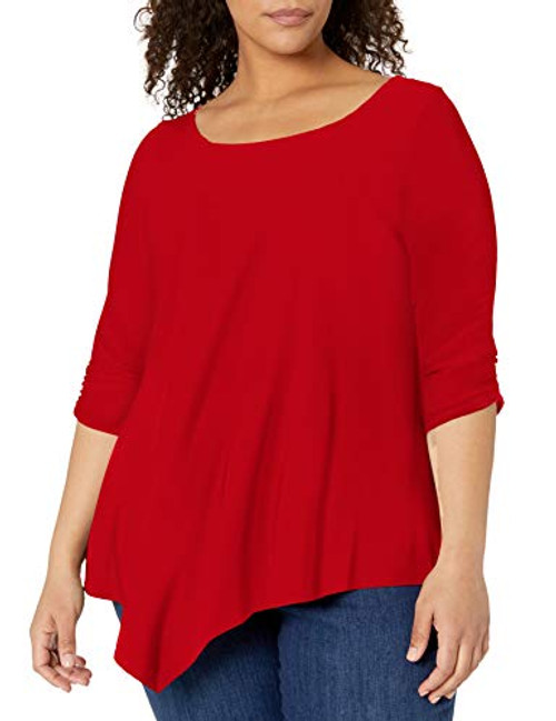 Star Vixen Women's Plus-Size Elbow-Cinch Sleeve Hanky Hem Top, red Solid, 2X