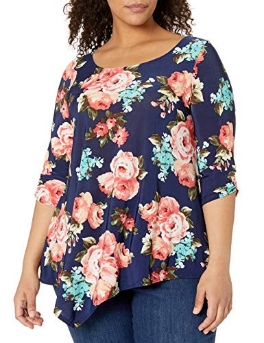Star Vixen Women's Plus-Size Elbow-Cinch Sleeve Hanky Hem Top, Navy Ground Floral, 1X