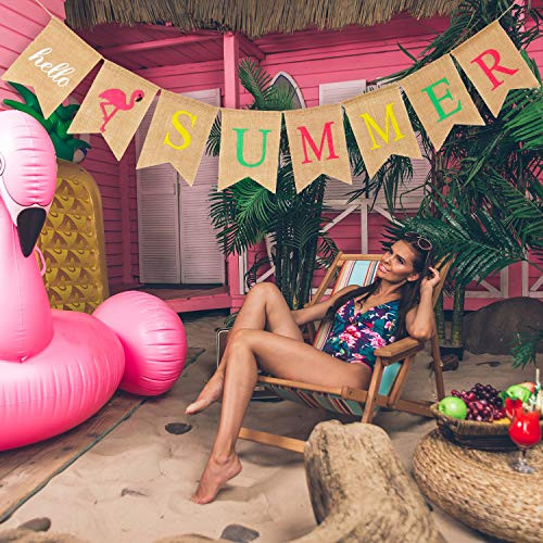 Hello Summer Burlap Banner Rustic Summer Banner with Flamingo Pattern Summer Garland Flag Decoration for Pool Party, Beach Party, Barbecue Party (Color Set 1, 1 Piece)