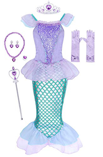 Jurebecia Little Girls Mermaid Costume Kids Princess Dress up Fancy Theme Birthday Party Outfit Role Play 3-10 Years (Mermaid dressplusAll accessories, 3T(2-3 Years))