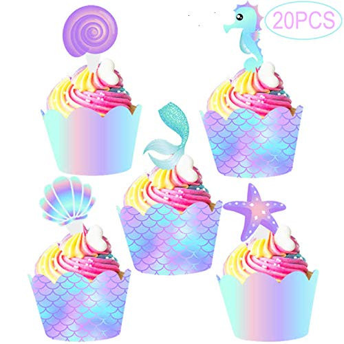 20pcs Blue Purple Mermaid Cupcake Toppers and Wrappers Double Sided Decorations for Mermaid Under the Sea Themed Birthday Festival Kids Party Supplies 20pcs Blue Purple Mermaid Cupcake Toppers and Wrappers Double Sided Decorations for Mermaid Under the Sea Themed Birthday Festival Kids Party Supplies