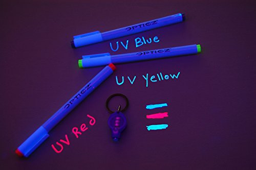 Opticz Invisible UV Blacklight Reactive Fine Tip Ink Markers Blue Red Yellow (3 Markers with UV Light)