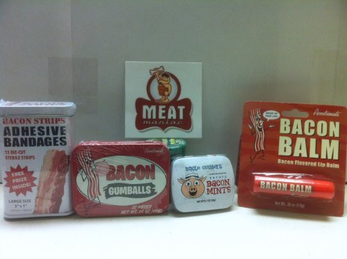 MEAT MANIAC MEGA Bacon Lovers Sampler Gift Pack with Sticker- Bacon Bandaids, Bacon Lip Balm, Bacon Mints  and  Bacon Gumballs