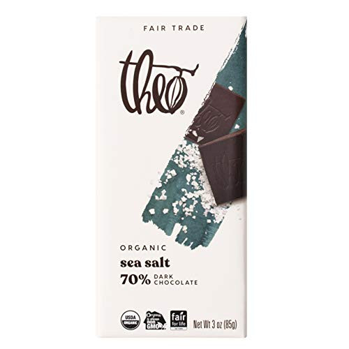 Theo Chocolate Sea Salt Organic Dark Chocolate Bar, 70percent Cacao, 6 Pack   Vegan Chocolate, Fair Trade