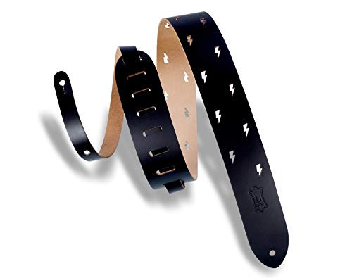 Levy's Leathers 2 inch Chrome-Tan Leather Guitar Strap Lightning Bolt Punch Out Design; Black (M12LBC-BLK)