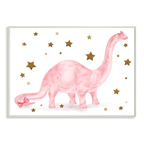 Stupell Industries Pink Dinosaur Gold Stars Kids Design, Designed by Daphne Polselli Art, 13 x 0.5 x 19, Wall Plaque