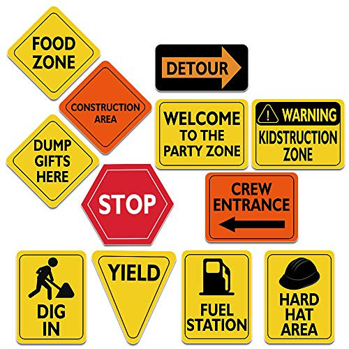 WERNNSAI Construction Zone Party Decorations - 12 PCS Size 8 Traffic Sign Cutouts for Boys Kids Birthday Party Construction Theme Party Supplies