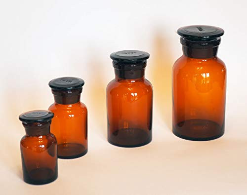 Reagent Bottle Set of 4, Amber Glass, Wide Mouth, 60ml, 125ml, 250ml, 500ml