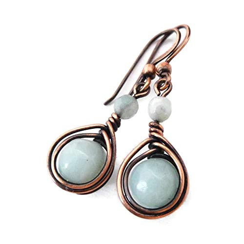 Copper Wire Wrapped Earrings with Amazonite Gemstone