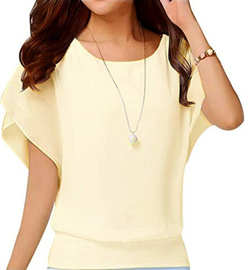 VIISHOW Women's Loose Casual Short Sleeve Chiffon Top T-Shirt Blouse (Medium, Beige White)