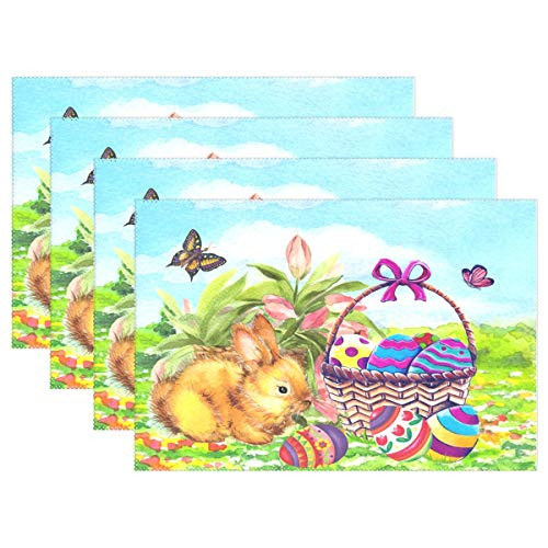 Wamika Happy Easter Bunny Eggs Basket Lilies Flowers Placemats Set of 6 Easter Rabbit Eggs Spring Butterfly Summer Table Place Mat for Dining Kitchen Non-Slip Heat Resistant 12 inch x 18 inch Decoration