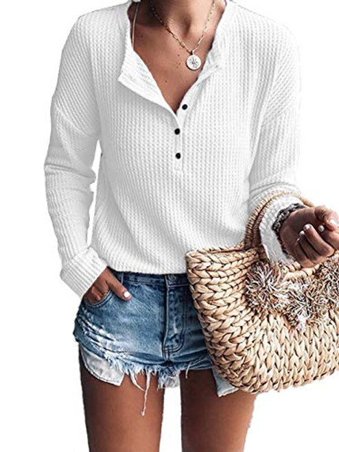 WNEEDU Women's Waffle Knit Tunic Tops Loose Long Sleeve Button Up V Neck Henley Shirts White S WNEEDU Women's Waffle Knit Tunic Tops Loose Long Sleeve Button Up V Neck Henley Shirts White S