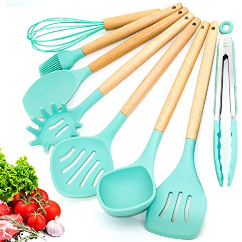 Silicone Kitchen Utensils Set, 8 Pcs Nonstick Kitchen Spatula Set with wooden Handles,Non-stick Heat Resistant cookware?Cooking Tool Turner Tongs Spatula Spoon Kitchen Gadgets