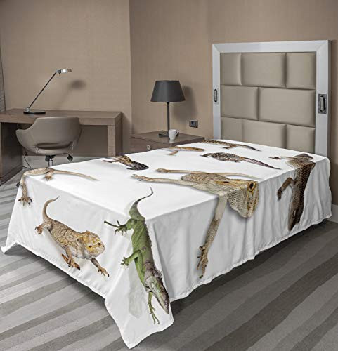 Ambesonne Reptile Flat Sheet, Colorful Staring Leopard Gecko Family Image Prehistoric Reptiles Wildlife Print, Soft Comfortable Top Sheet Decorative Bedding 1 Piece, Twin Size, White Beige