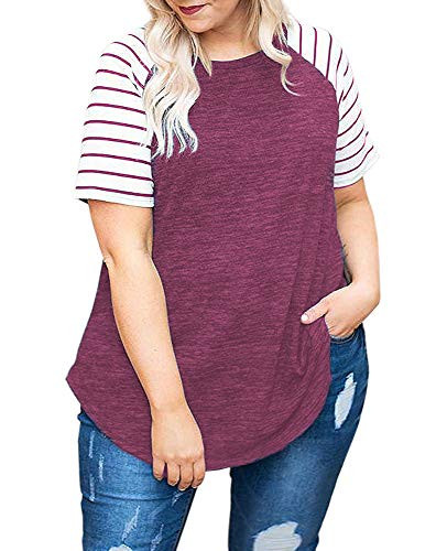Women's Plus Size Blouses Raglan Striped T-Shirts Short Sleeve Top Wine Red-26W