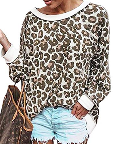 ZANZEA Casual Loose Long Sleeve Tops Leopard Print Sweatshirt Oversized Pullover Tunic Tops Khaki M