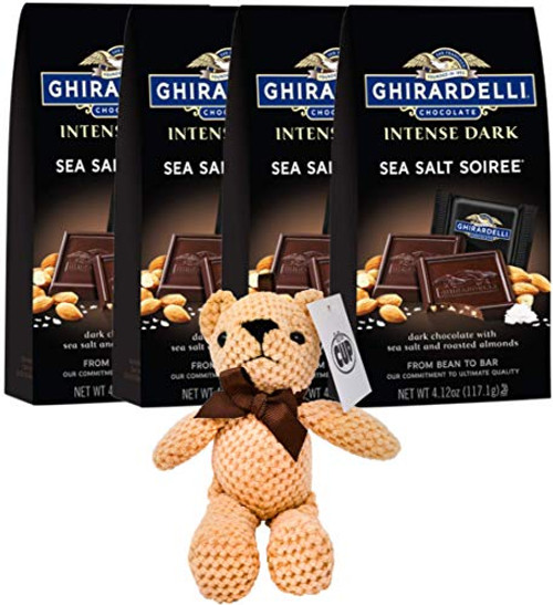Ghirardelli Chocolate Intense Dark Squares, Sea Salt Soiree with Almonds, 4.12 Ounce (Pack of 4) with By The Cup Teddy Bear Ghirardelli Chocolate Intense Dark Squares, Sea Salt Soiree with Almonds, 4.12 Ounce (Pack of 4) with By The Cup Teddy Bear