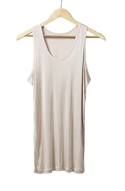 Men's Pure Mulberry Silk Knit Tank Top Men Silk Sleeveless T-Shirts (Beige, L)