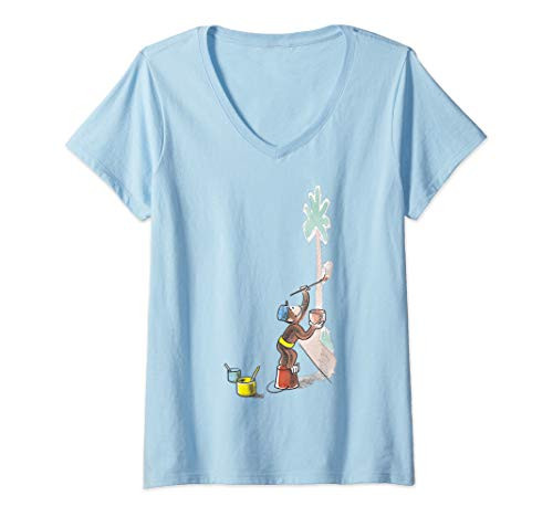 Womens Curious George Painting Palms George V-Neck T-Shirt Womens Curious George Painting Palms George V-Neck T-Shirt