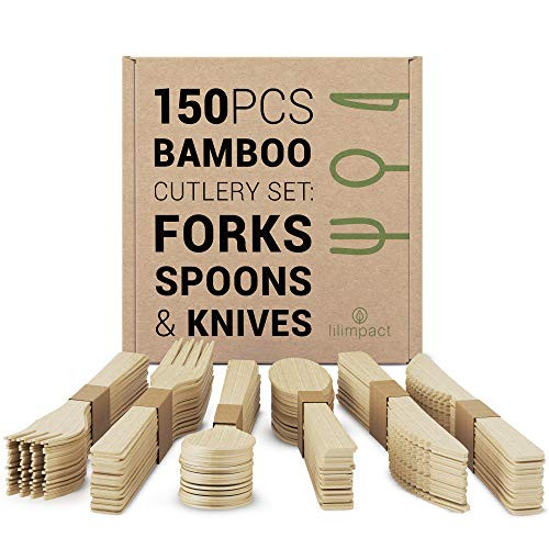 Lilimpact - Disposable Bamboo Utensils, Forks, Spoons, Knives Wooden Cutlery Set   Natural Compostable, Eco-Friendly, Biodegradable Replacements (150 Count - 50 Forks, 50 Spoons, 50 Knives)