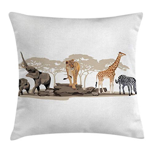 Ambesonne Safari Throw Pillow Cushion Cover, Illustration of Wild Savannahs Animals Exotic Giraffe Lion Elephant Zebra, Decorative Square Accent Pillow Case, 20 inch X 20 inch, Beige