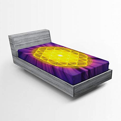 Ambesonne Purple Mandala Fitted Sheet, Geometry Themed Print Flower of Life Motif with Purple Shade Rays, Soft Decorative Fabric Bedding All-Round Elastic Pocket, Twin Size, Purple Yellow