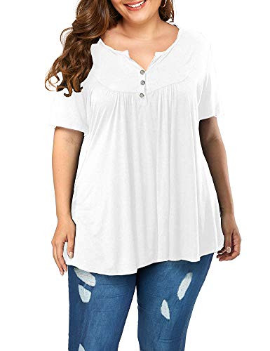 POSESHE Women's Plus Size Henley V Neck Button up Tunic Tops Casual Short Sleeve Blouse Shirts (3X-Large, White)