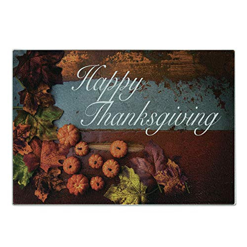 Lunarable Thanksgiving Cutting Board, Hand Writing Text on Wooden Vintage Board with Pumpkins and Leaves, Decorative Tempered Glass Cutting and Serving Board, Small Size, Multicolor