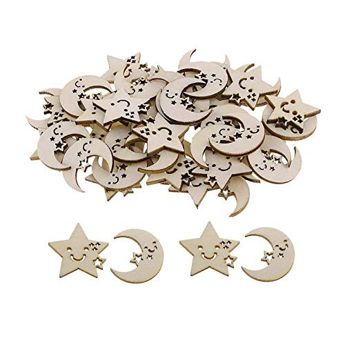 50pcs Little Star  and  Moon Shaped Wood DIY Craft Cutout Wooden Slices Embellishments Gift Unfinished Wood Ornaments Home Decoration, 1x1 in