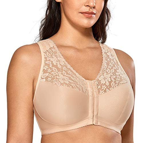 DELIMIRA Women's Full Coverage Wirefree Lace Plus Size Front Closure Bra Racerback Beige 38DD