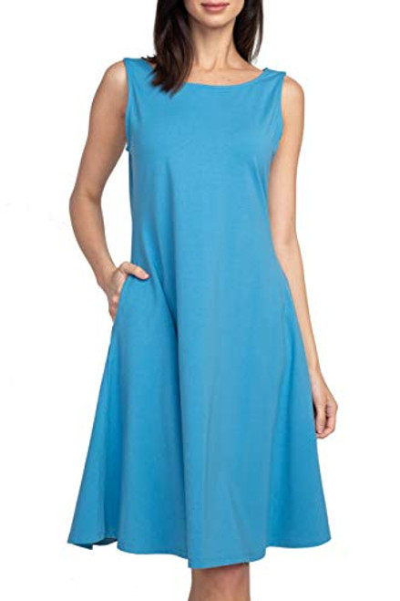 ICONOFLASH Women's Plus Size Slate Blue Sleeveless Knee Length 3XL Crew Neck A-Line Cotton Dress with Pockets Size 3X-Large